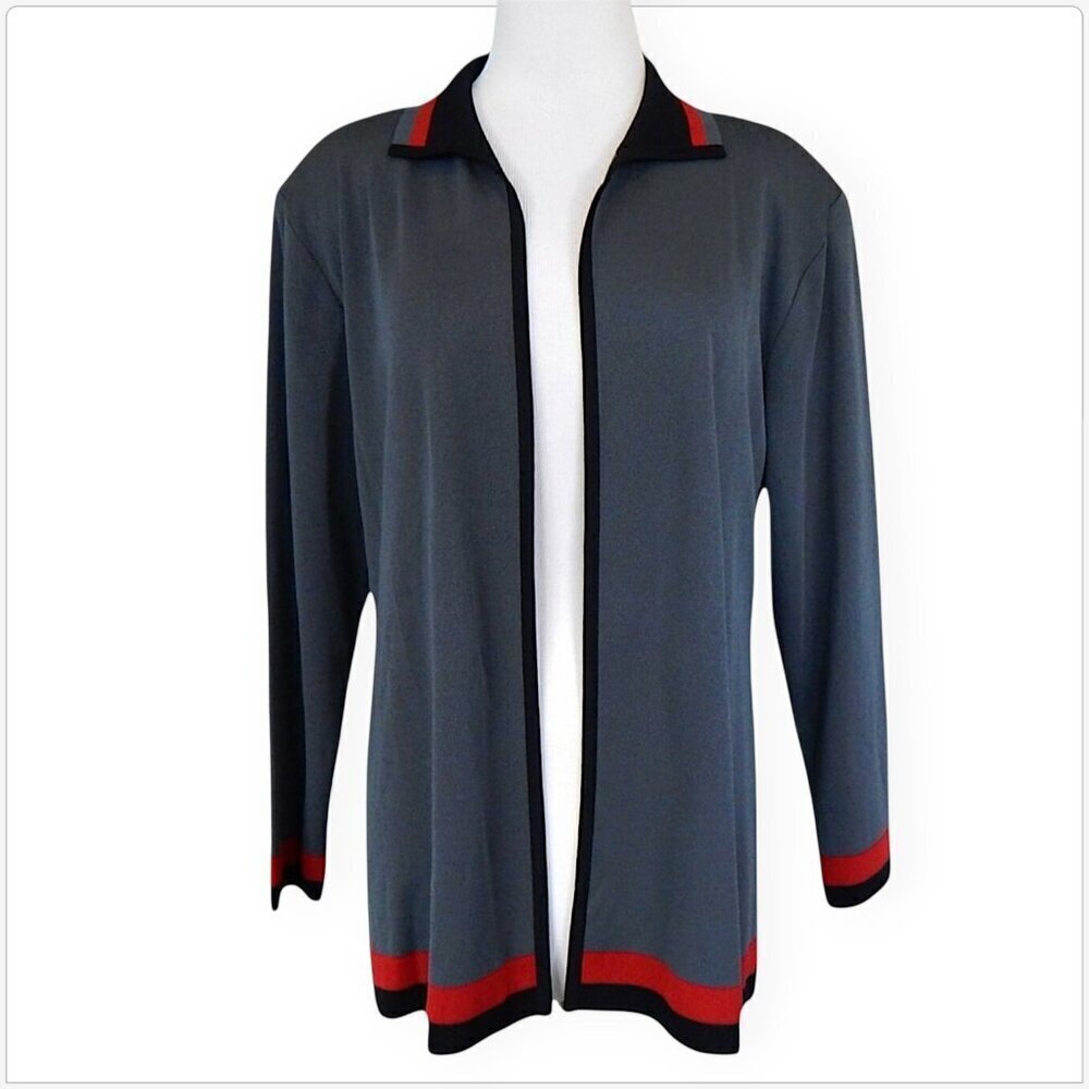 Exclusively Misook Charcoal Gray Red Black Stripe Open Knit Jacket PM MP